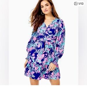 Lilly Pulitzer Corsica Blue Toucan Party Rosie Stretch Long Sleeve Dress EUC 2
